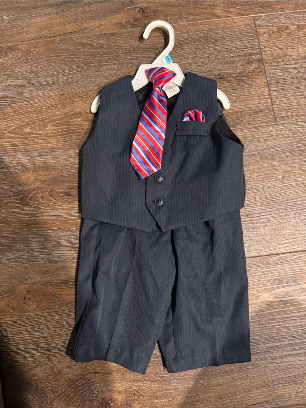 Boys Black Pinstripe Vest & Pants Set with matching Red-Blue Striped Tie